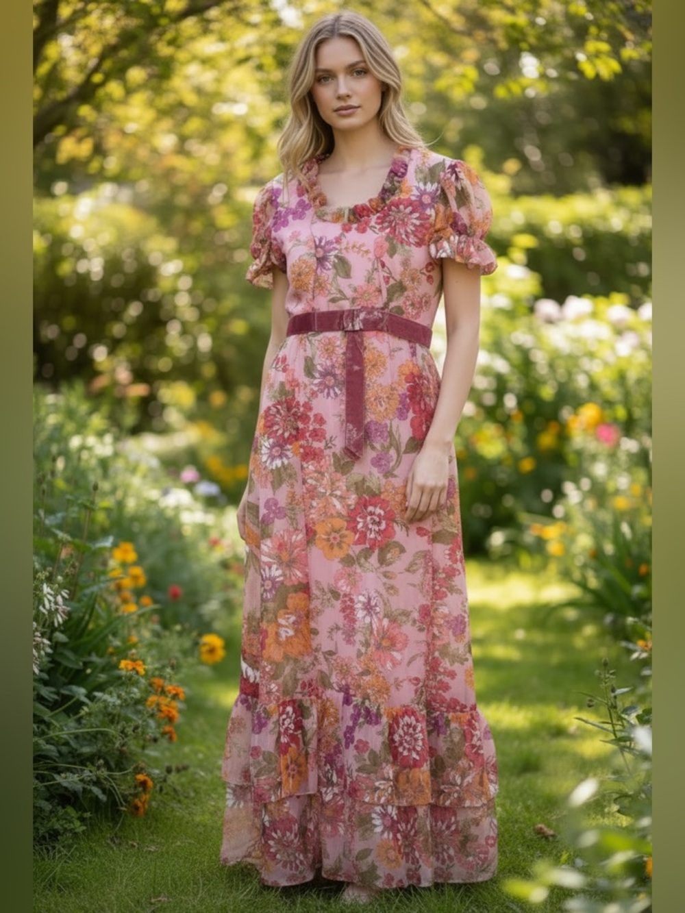 Vintage Boho Fairy Festival Hippie Maxi Dress Floral Ruffle Pink Orange S/M 70’s